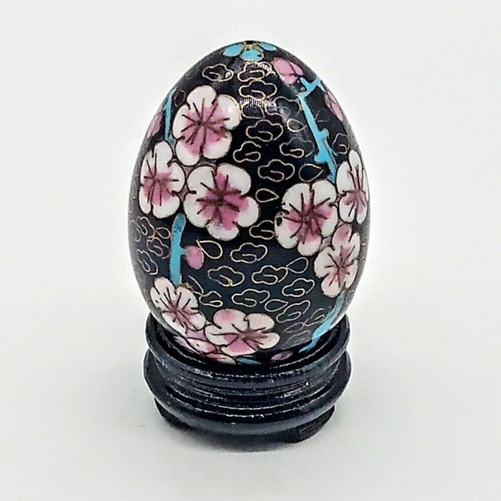 Chinese Black Floral Cloisonne Egg & Stand